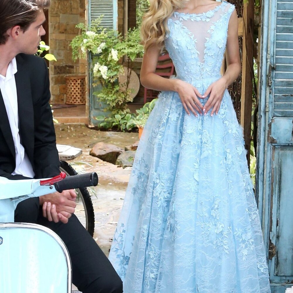 Sherri Hill Blue Lace Cinderella Ball Gown